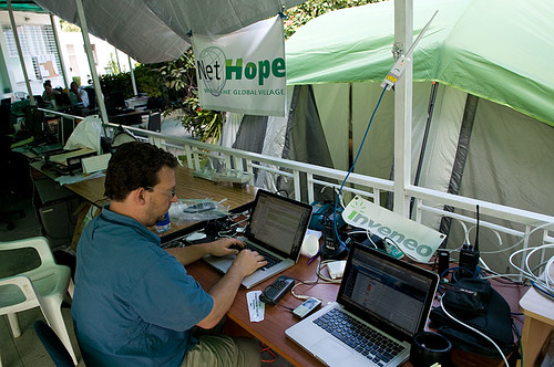 Inveneo CIO Mark Summer tunes the wireless network at the Nethope and Inveneo headquarters in Port-au-Prince Haiti.